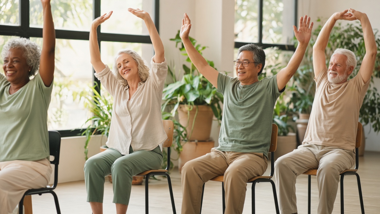 Seniors practicing gentle chair yoga with arms raised in a bright studio