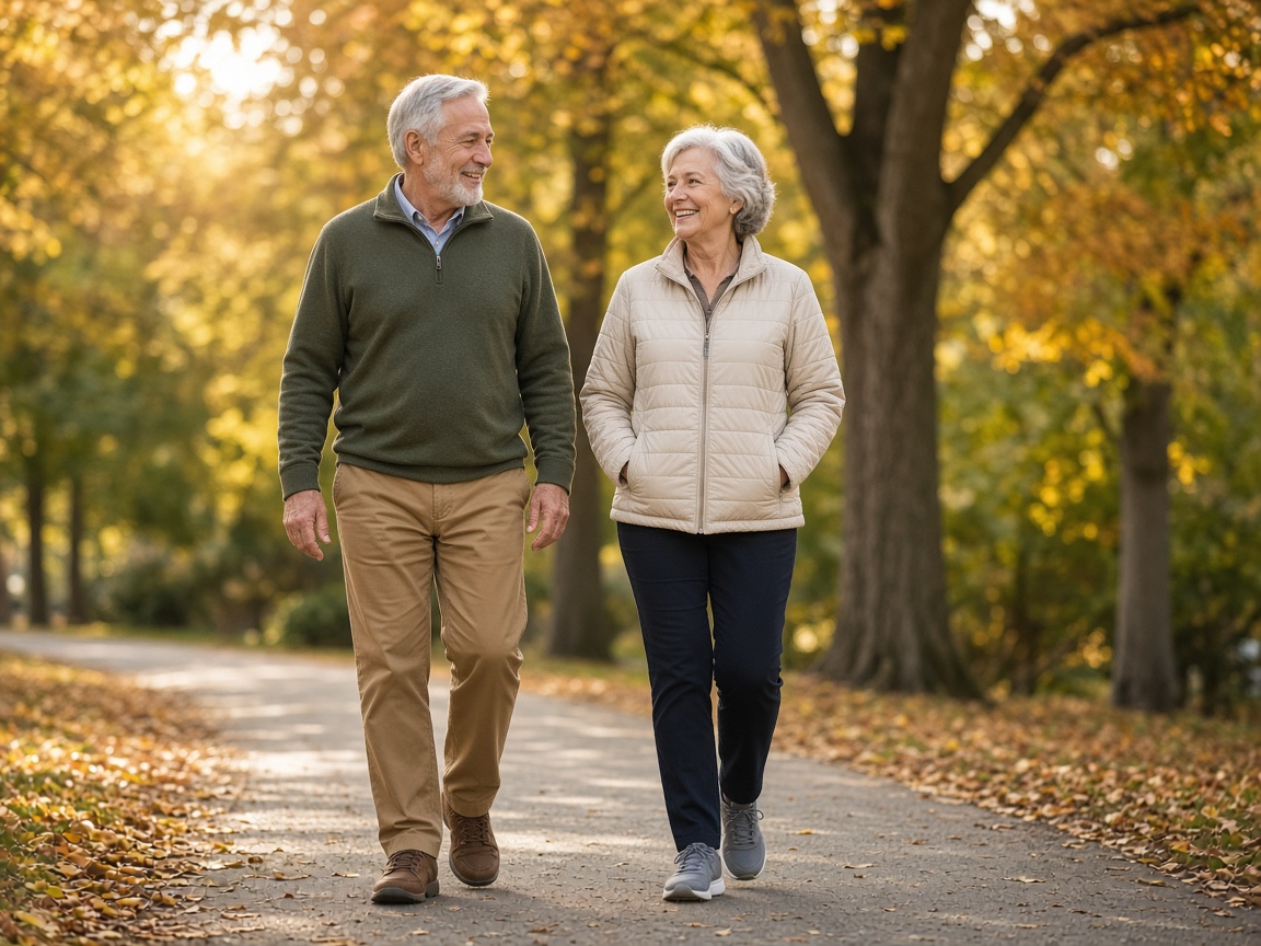 Senior couple walking in a park in autumn