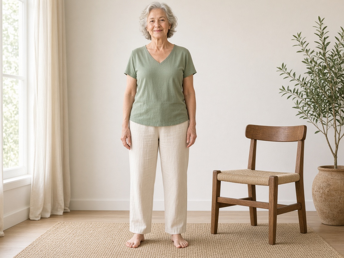 Older woman standing tall in mountain pose beside a sturdy chair