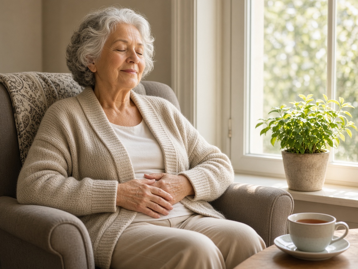 Older woman practicing seated deep breathing by a sunny window