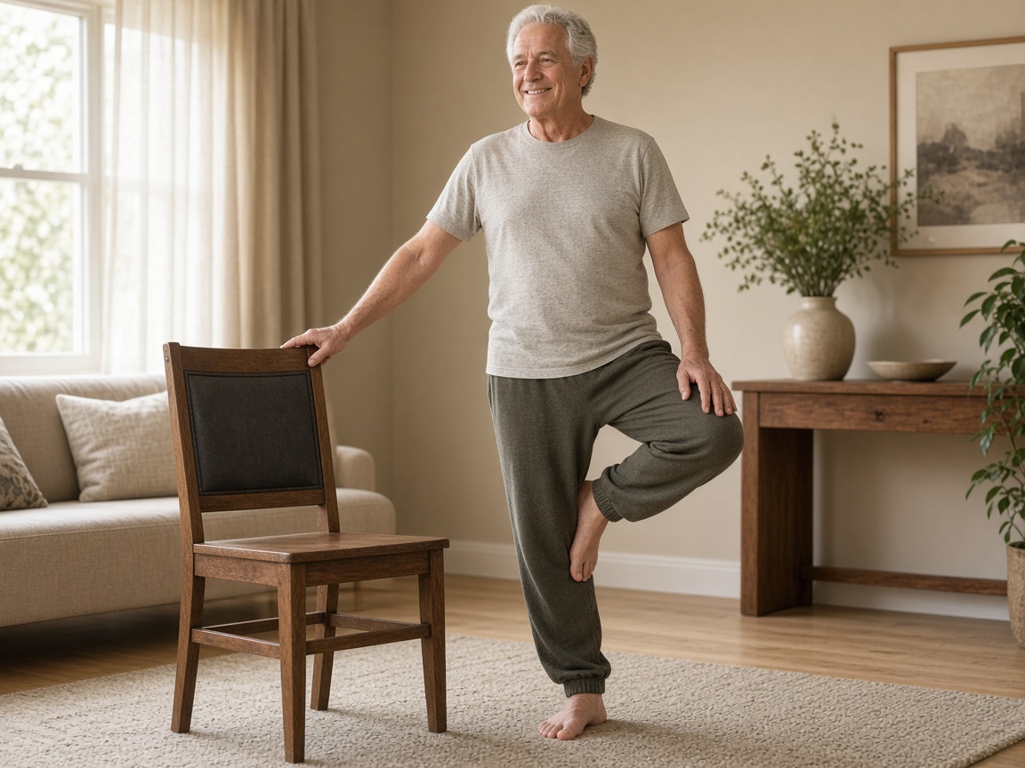 Older man practicing supported tree pose holding a chair