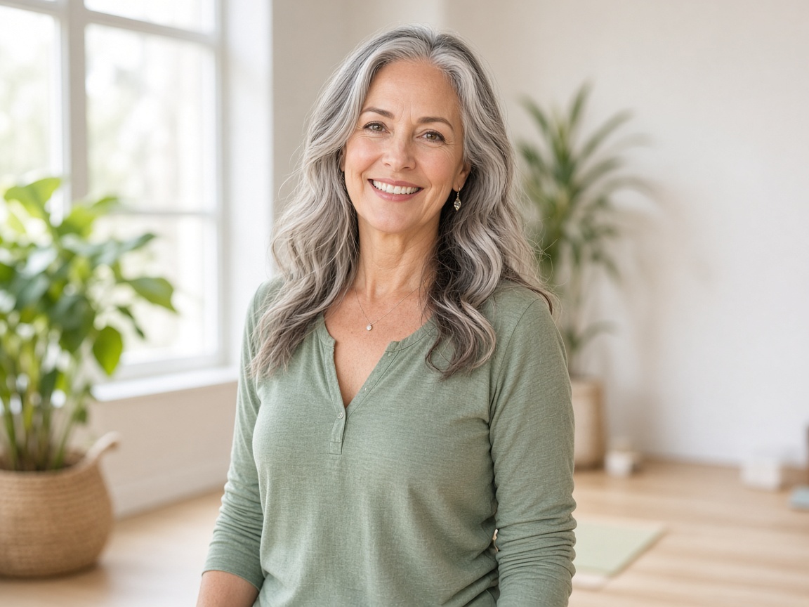 Smiling yoga instructor in a bright studio